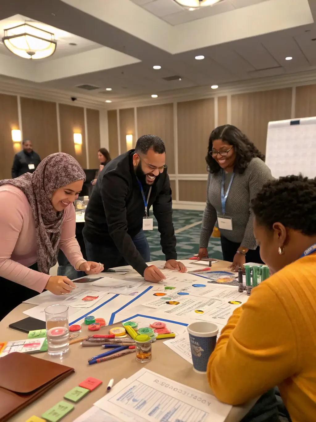 An image of a coach leading a team-building workshop, fostering collaboration and improving communication among team members.
