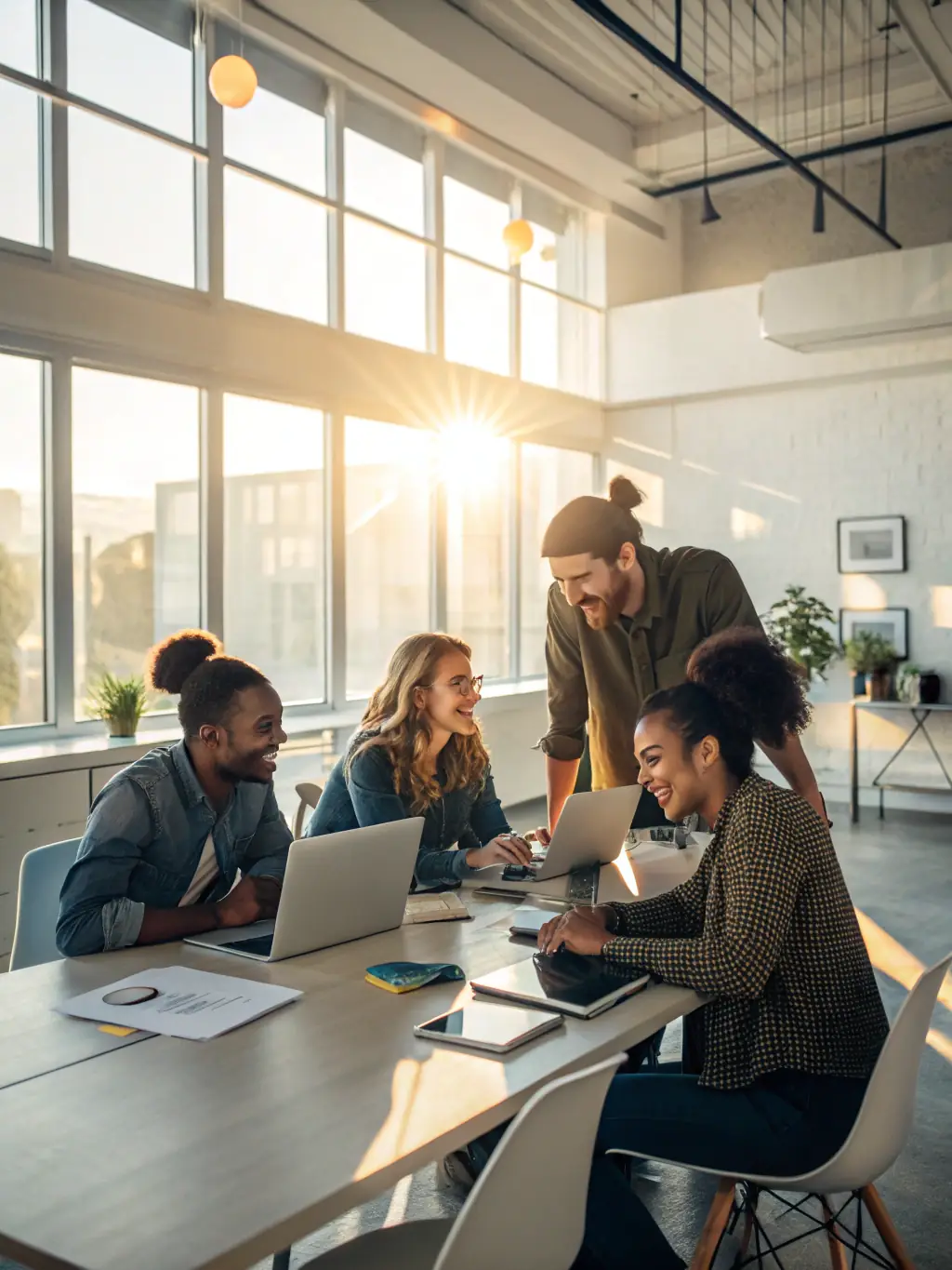 An image depicting a business coach facilitating a strategic planning session with a team in a modern office environment, emphasizing collaboration and forward-thinking.