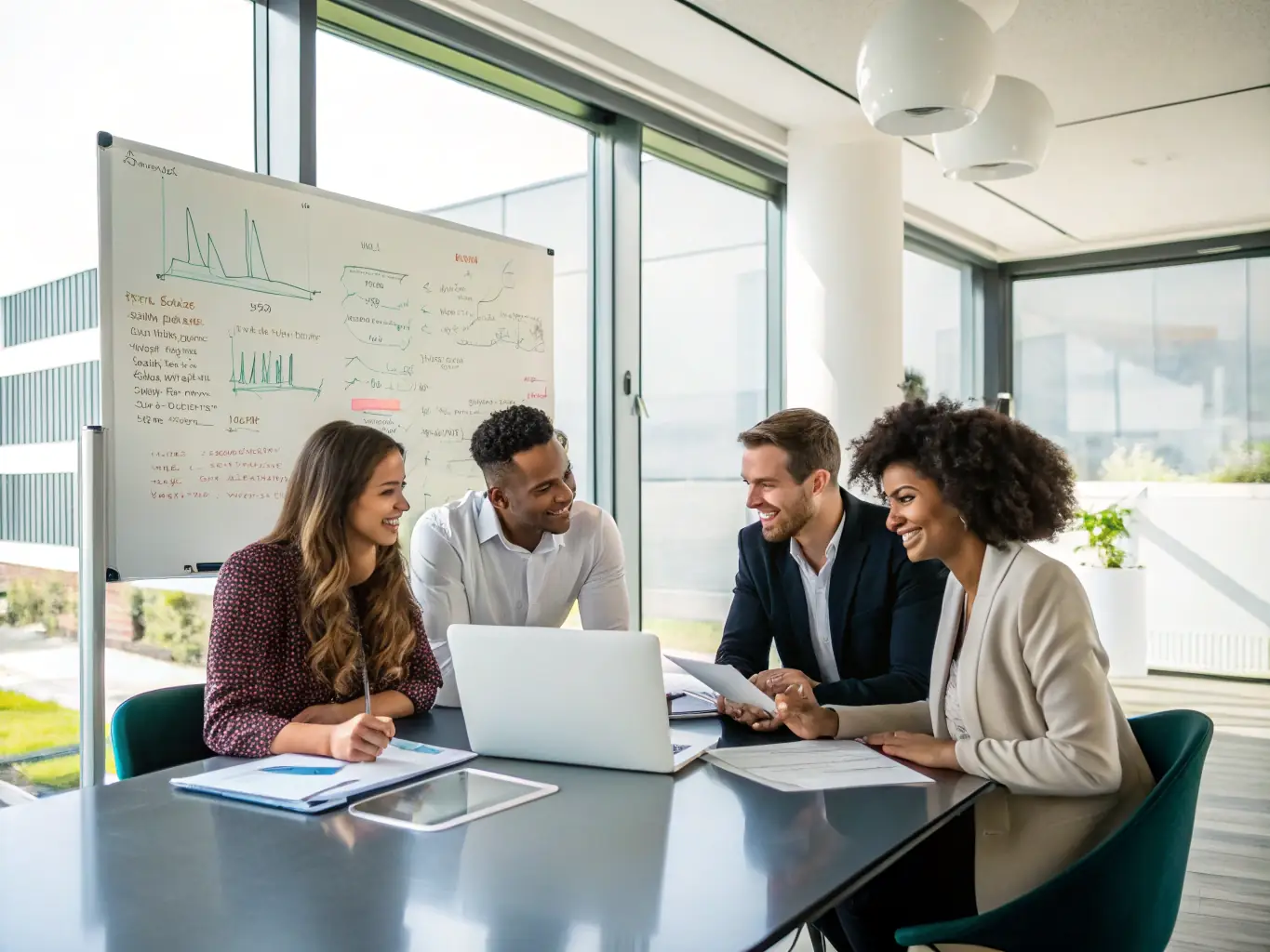 A diverse team of professionals collaborating on a project in a modern office, showcasing effective communication and teamwork.