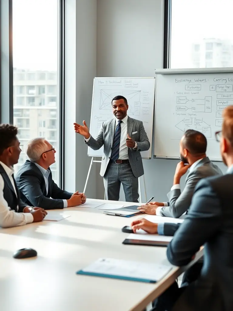A professional South African business coach in a modern office, guiding a team through a strategic planning session, emphasizing local market insights and collaborative problem-solving.